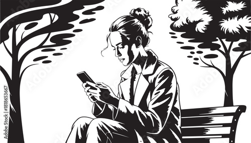 Young woman sitting on a park bench with a laptop, working or reading a book