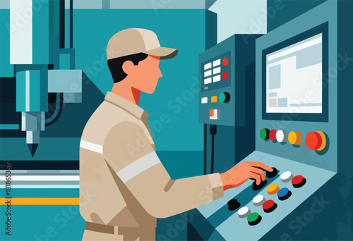 A worker in a beige uniform operates machinery with a panel of buttons. Modern, flat style