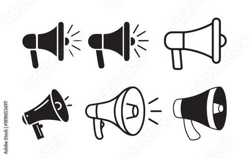 Set of black and outline megaphone vector icons isolated on white background announcement concept