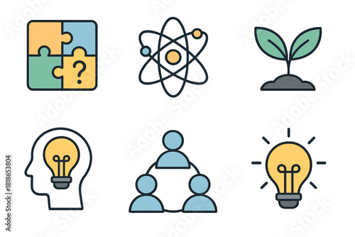 Conceptual symbols representing problem solving, innovation, teamwork, and scientific research