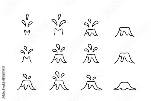 Simple icons depicting volcanoes erupting and dormant in a natural disaster theme