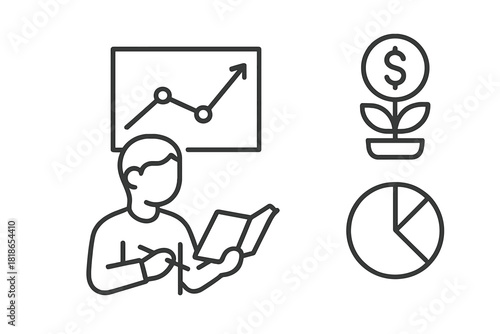 Person analyzing financial data using growth chart, money plant, and pie graph symbols