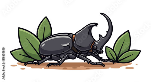 Cartoon Illustration of a Majestic Rhinoceros Beetle in Natural Habitat