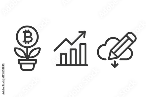 Black line icons for financial growth, cryptocurrency investment, market analysis, and cloud computing