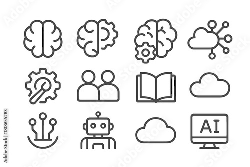 Artificial intelligence and technology concepts featuring brain, robot, and cloud symbols