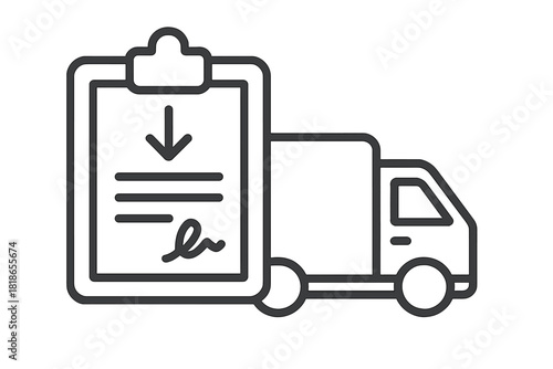 Delivery truck next to a clipboard with a signed document symbolizing shipping confirmation