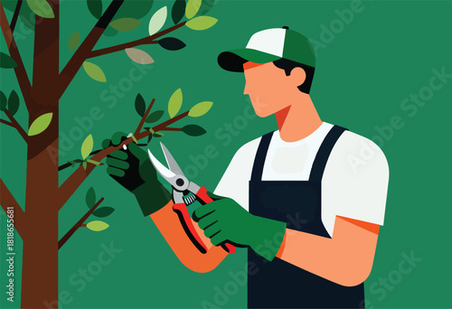 A gardener prunes a tree with pruning shears, wearing gloves and a cap. Vibrant green background
