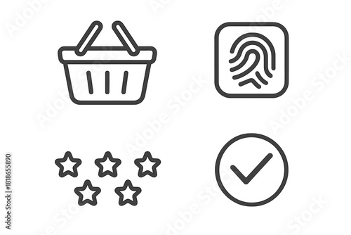 Shopping basket, biometric fingerprint scan, customer rating, and approval checkmark