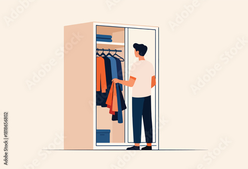 An illustration depicting a person standing in front of an open closet, choosing clothing