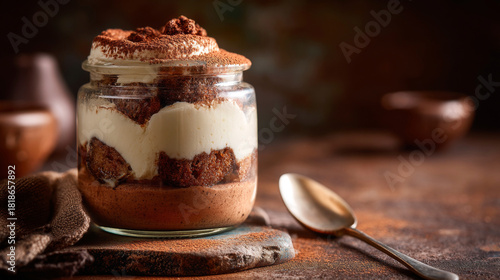 Layered tiramisu dessert in glass jar, sprinkled cocoa with spoon besides, warm tones, rustic backdrop. Generative AI image