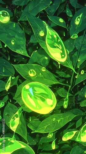 Vibrant green foliage, close-up of assorted leaves with dew droplets, ideal for nature-themed designs and eco-friendly projects.