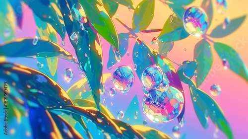 Colorful abstract leaves, vibrant foliage in shades of green and blue, artistic background blending warm pastel hues, ideal for decor.