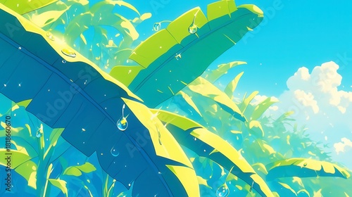 Green tropical foliage against a bright blue sky, vibrant leaves creating a lush, serene atmosphere perfect for relaxation.