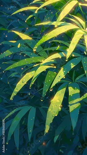 Lush green bamboo leaves, vibrant foliage glistening in light, ideal for nature themes and soothing backgrounds.