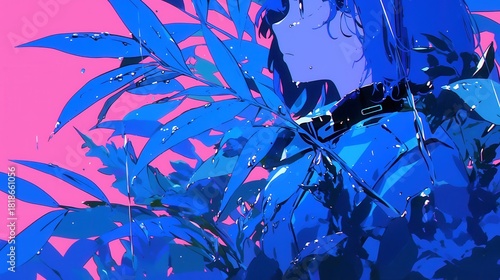 Vibrant foliage against a bold pink background, colorful tropical plants creating an eye-catching visual for design projects.