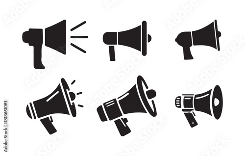 Collection of megaphone icons in solid black style with different forms for announcements
