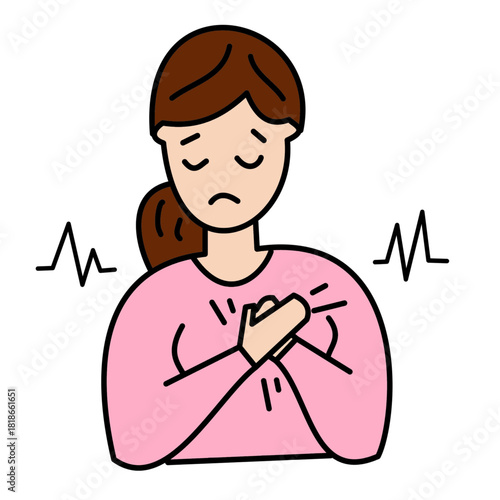 woman having chest pain heart attack keeping hands on chest severe cardiac pain minimalist color icon.eps