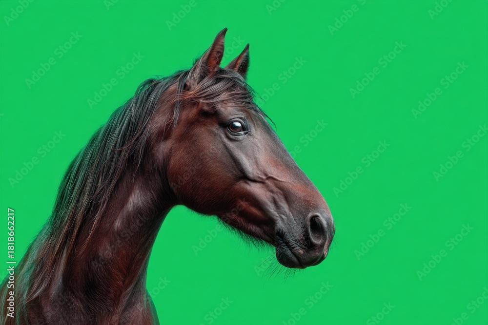Obraz premium Cute Horse isolated on green color background. Funny pony snout looks on studio chroma key backdrop. Farm animals. Farming or agriculture. Domestic animals. with amusing face. Surprised expression.