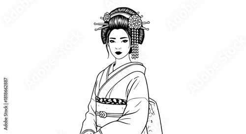 japanese woman in kimono, geisha black and white, vector art, flat design