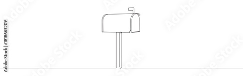 A continuous one-line drawing of a classic mailbox with its flag raised, set against a pristine white background