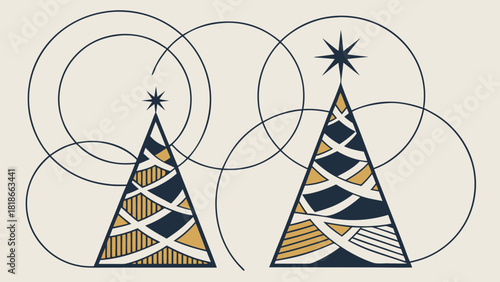 Two stylized christmas trees with geometric circles and star toppers