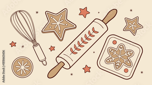 Festive baking scene with rolling pin and decorated gingerbread