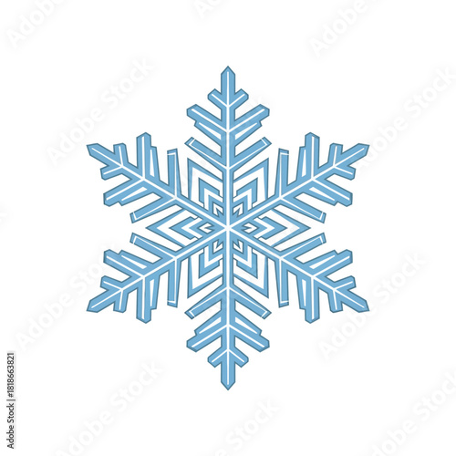 A symmetrical snowflake with six arms, intricate patterns, and a delicate appearance. Each arm features symmetrical branches