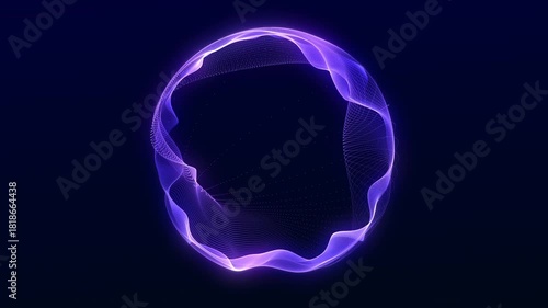 Looping animation of a soft glowing purple neon orb made of flowing digital waves. Smooth circular motion, elegant futuristic vibe and subtle particle glow.