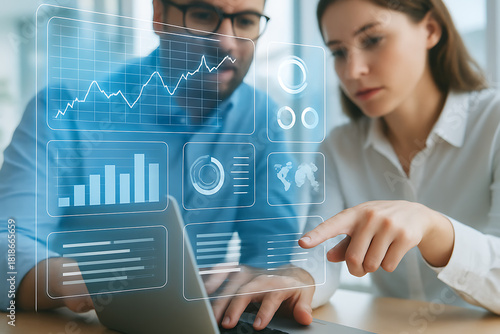 Team collaboration with AI powered visualization of financial data charts and futuristic holographic information technology systems