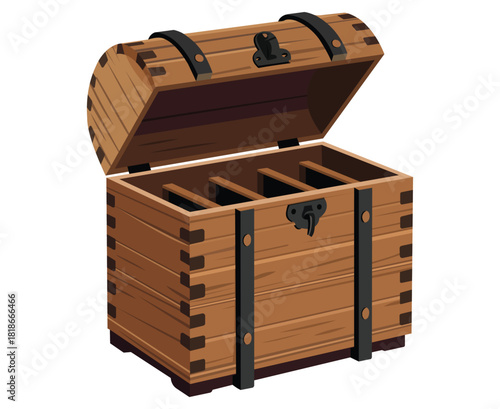 An open wooden treasure chest with an empty interior ready for adventure