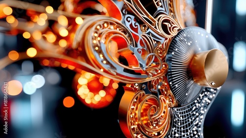 A close-up, abstract view of a highly detailed mechanical object with ornate golden filigree and a central metallic cylinder, set against a background of blurre