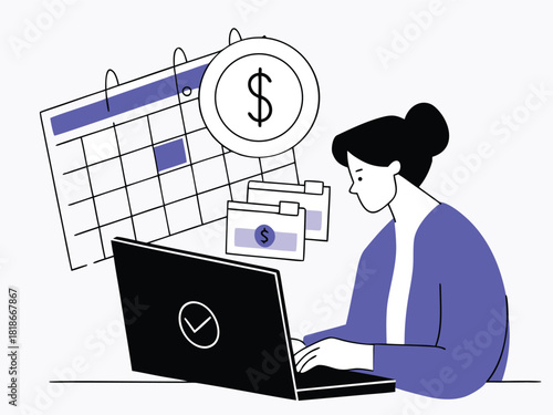 Financial management and planning by woman working on laptop Vector