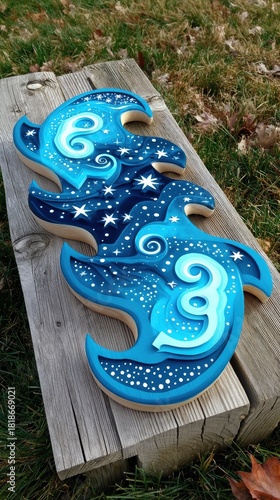 Three layered wooden wave sculptures with celestial designs, resting on a weathered wooden surface outdoors.