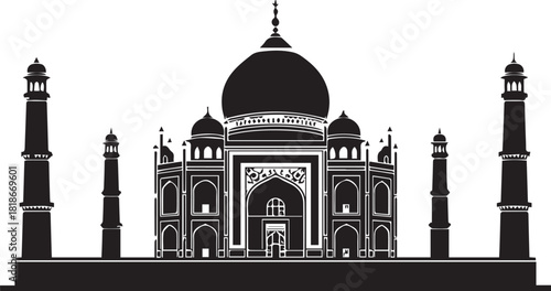 Black and white vector silhouette icon of Taj Mahal isolated on white background, historical travel monument design element.