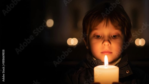 Wallpaper Mural Portrait of a mesmerized little boy holding a burning candle during a Christmas church service in the dark Torontodigital.ca