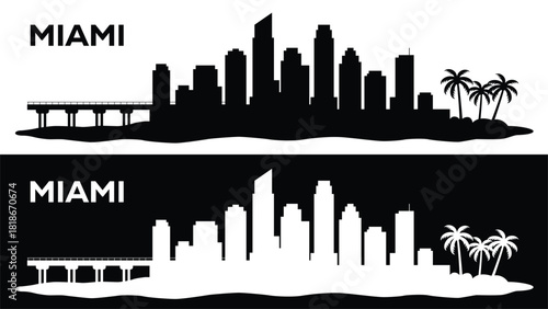 Miami skyline silhouette with palm trees and a bridge two color variations