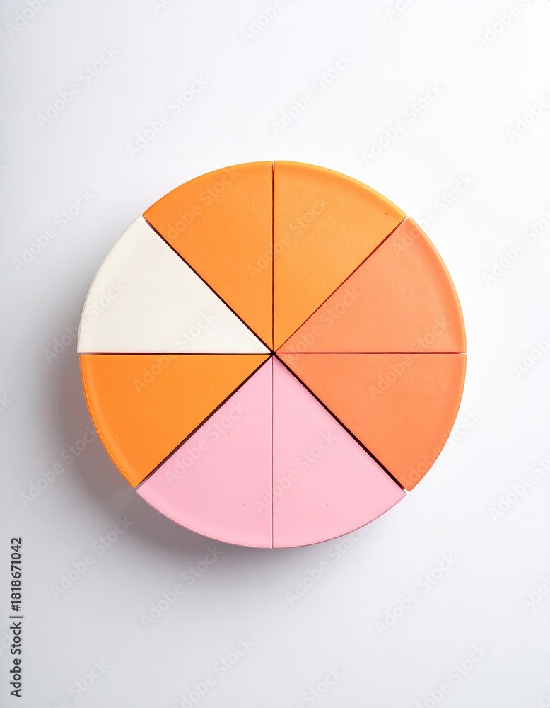 Fototapeta premium Six-section pie chart graphic design. Colorful geometric shapes. Simple, bright, and balanced. Flat lay