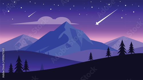 A stylized illustration of a mountain landscape under a starry night sky
