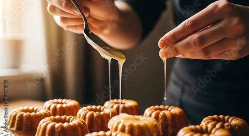 Artisanal baking session showcasing golden brown bundt cakes being drizzled with icing glaze