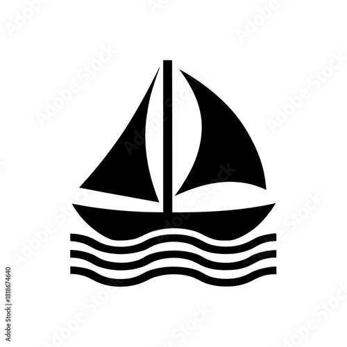 Silhouette of sailboat on wavy water in black and white on transparent background