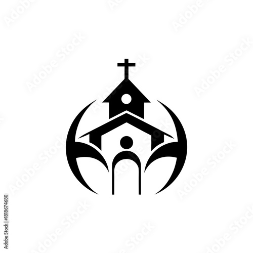 Silhouette of a church with a cross and biohazard symbol on transparent background