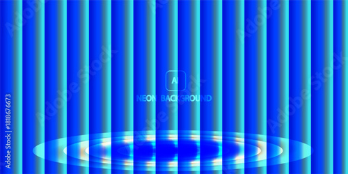 Abstract blue background with vertical neon light lines and reflective circle, digital futuristic technology wallpaper illustration
