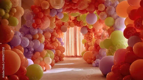 Colorful Balloon Archway in Bright Indoor Space Perfect for Celebrations, Events, and Parties Featuring an Array of Vibrant Hues and Shapes