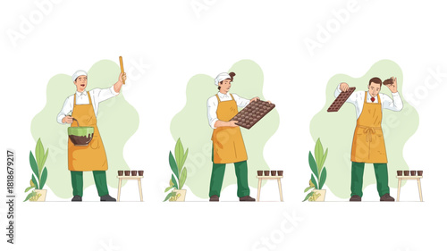 Confectioner making chocolates from melting cocoa to pouring into molds and demolding