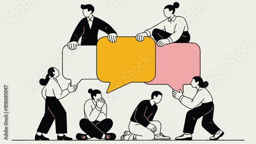 Diverse group of people communicating and sharing ideas using colorful speech bubbles