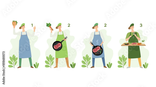 Illustration showing three steps of cooking a steak meal with fresh ingredients and kitchen utensils