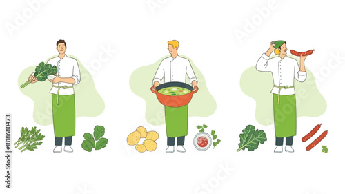 Three chefs in white uniforms and green aprons preparing healthy food with fresh vegetables and ingredients