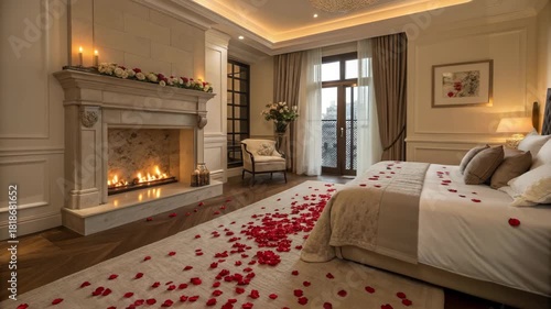 Romantic bedroom interior featuring a cozy fireplace, scattered red rose petals, and soft lighting