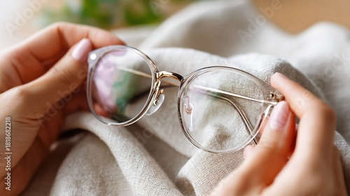 Eyeglasses cleaning in gentle hands, calm closeup minimal style, natural light on gold frame eyewear for vision care, optics maintenance, and