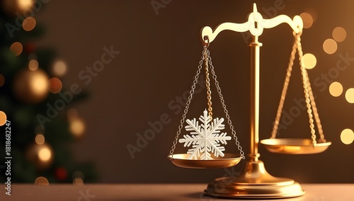 Legal Christmas Background with Glowing Justice Scales and Crystal Snowflake